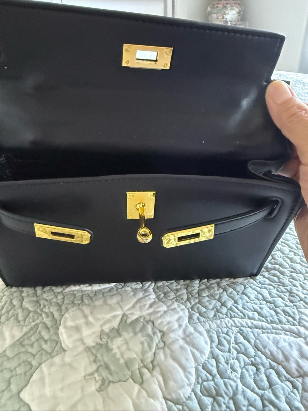 Black Leather Top-Handle Women's Bag with Gold Hardware - Picture 2 of 8